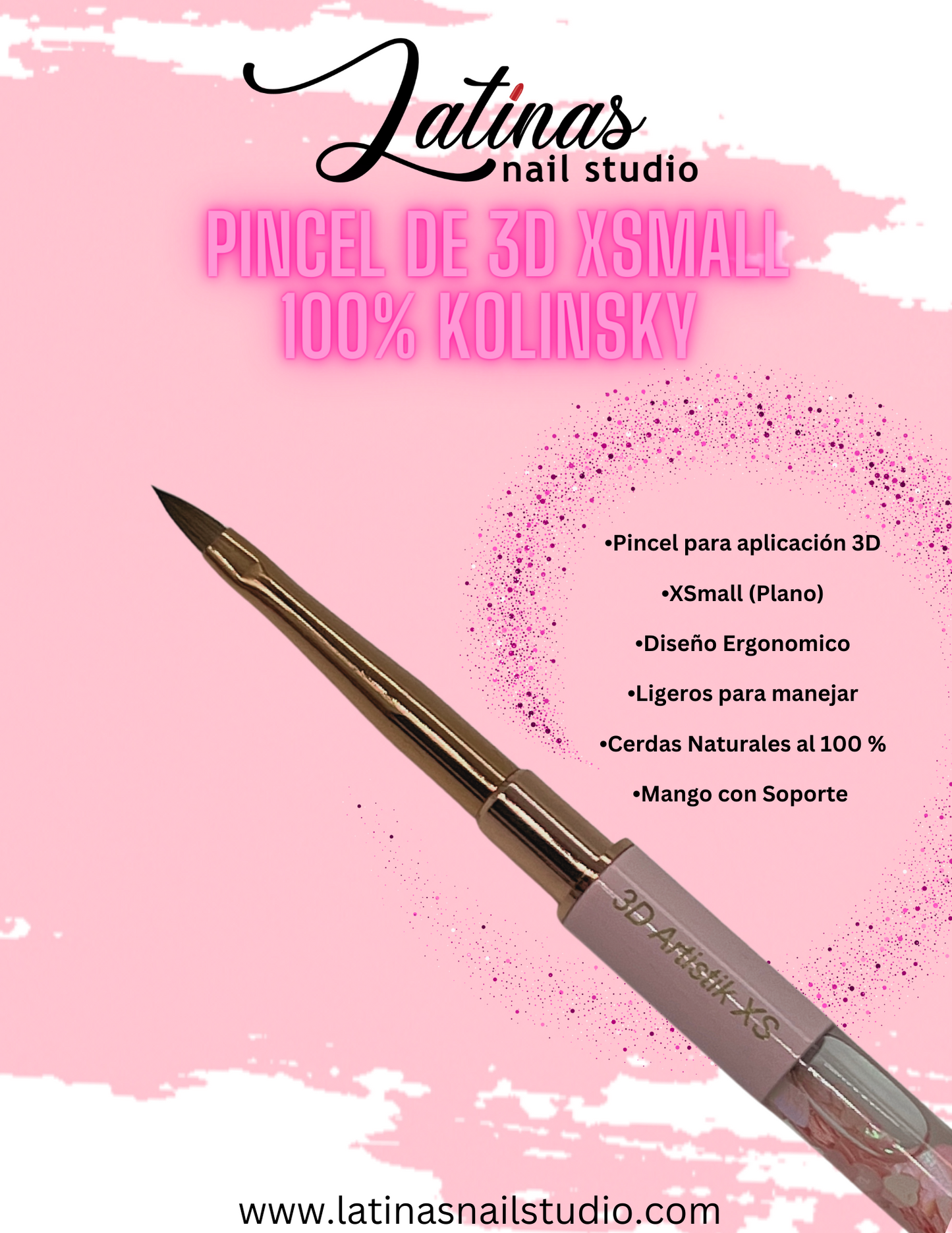 Latinas Nail Studio RoseGold Kolinsky XS Flat 3D Art Brush image 1