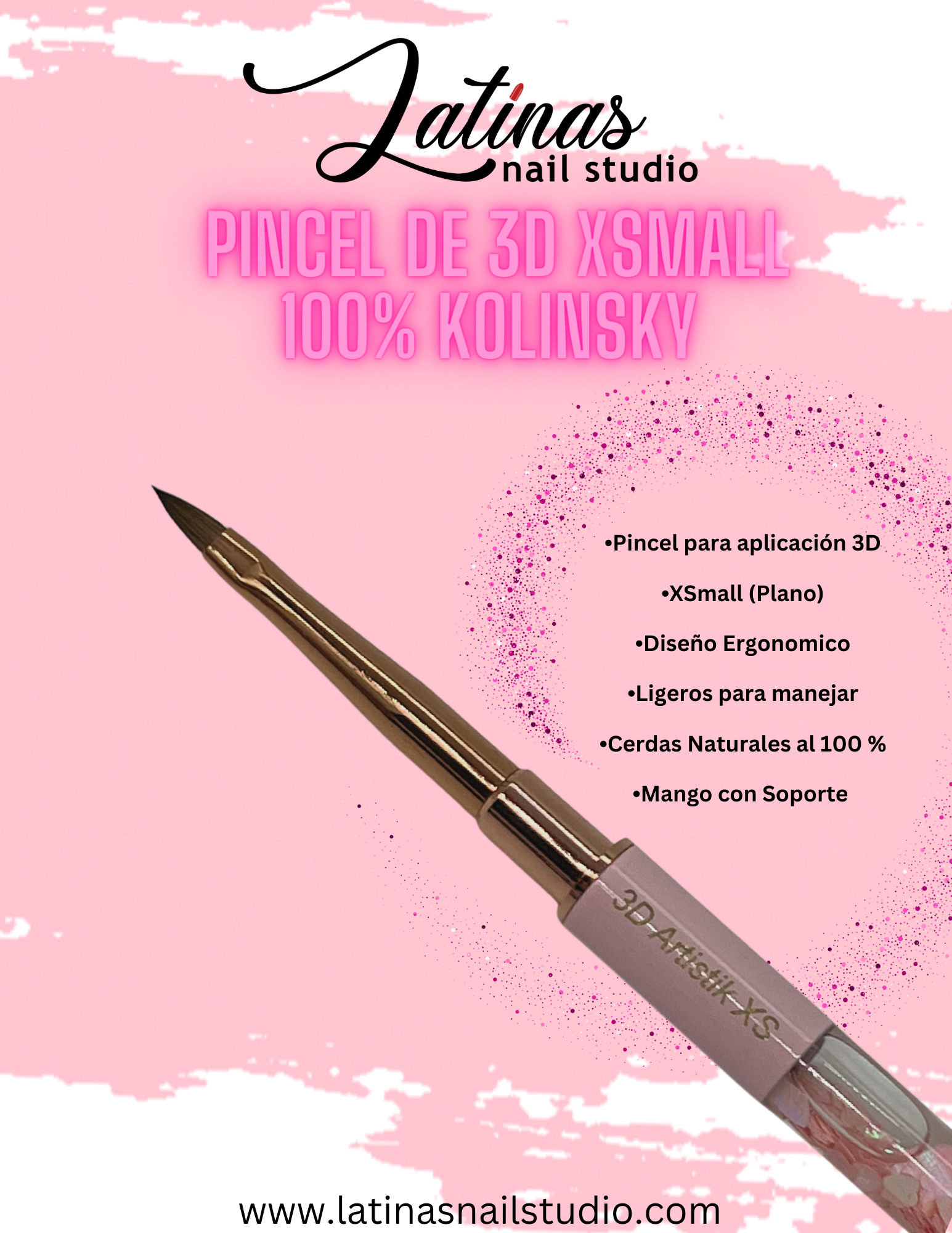 Latinas Nail Studio RoseGold Kolinsky XS Flat 3D Art Brush image 1